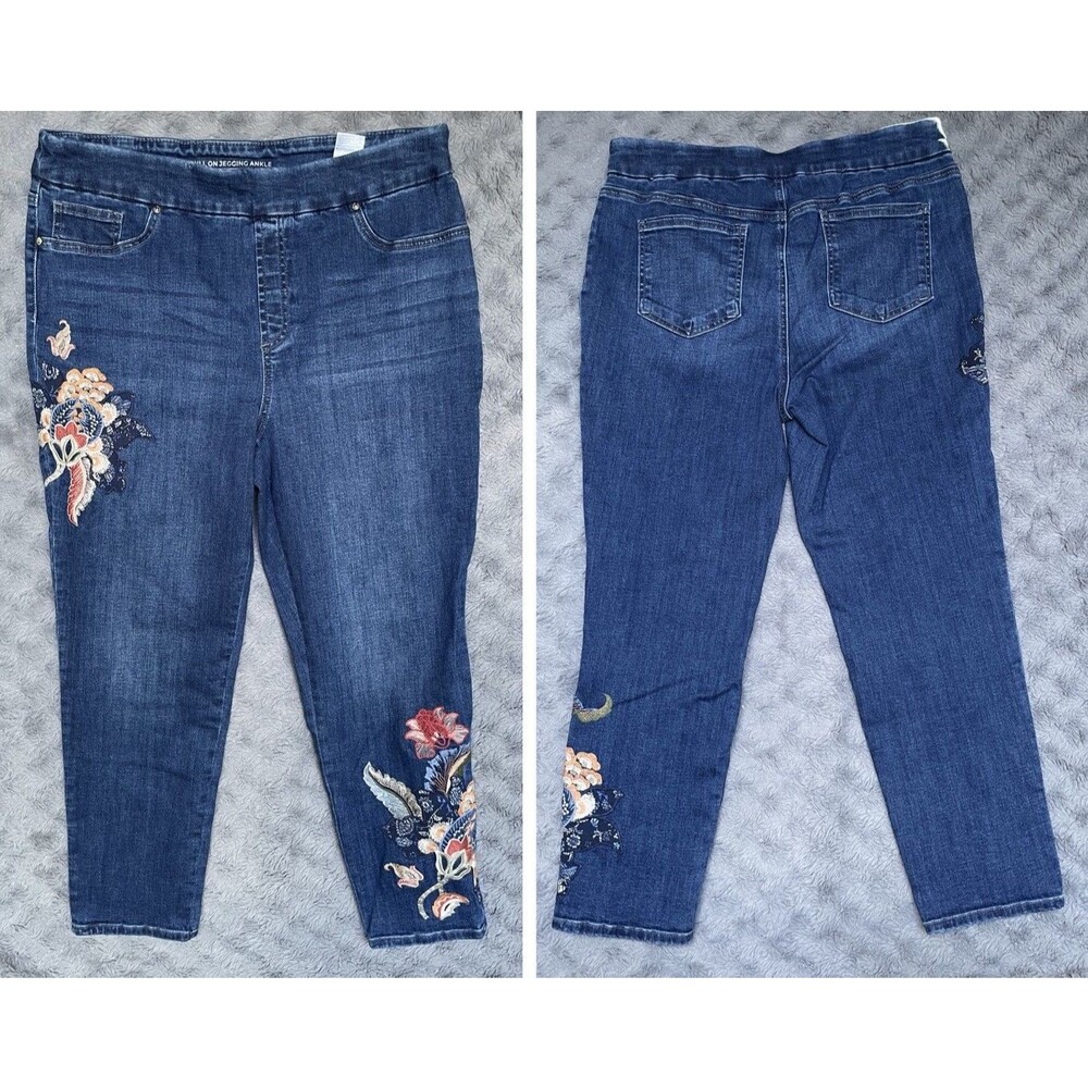 Chico’s 2.5 Pull On Jegging Ankle Jean Floral Embroidery Stretch Denim Sz 14R - Picture 6 of 16